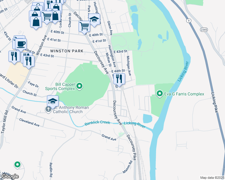 map of restaurants, bars, coffee shops, grocery stores, and more near 228 East 45th Street in Covington