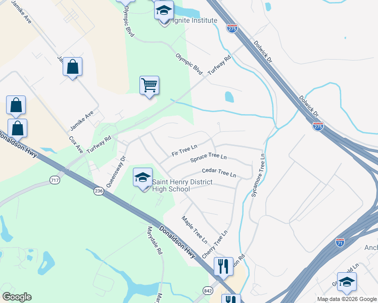 map of restaurants, bars, coffee shops, grocery stores, and more near 3377 Fir Tree Lane in Erlanger