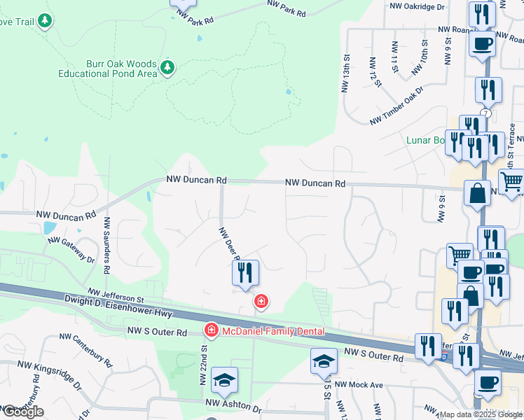 map of restaurants, bars, coffee shops, grocery stores, and more near 1915 Northwest Wildwood Court in Blue Springs