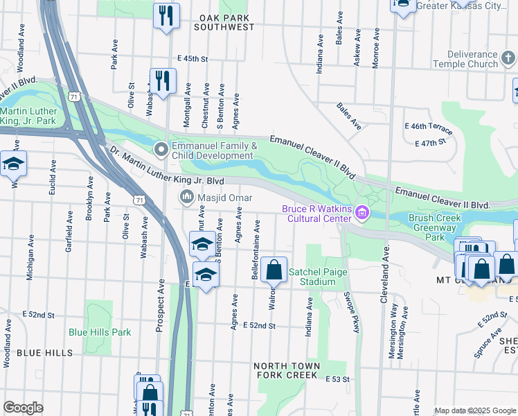 map of restaurants, bars, coffee shops, grocery stores, and more near 3112 East 49th Street in Kansas City