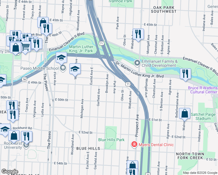map of restaurants, bars, coffee shops, grocery stores, and more near 4900 Park Avenue in Kansas City