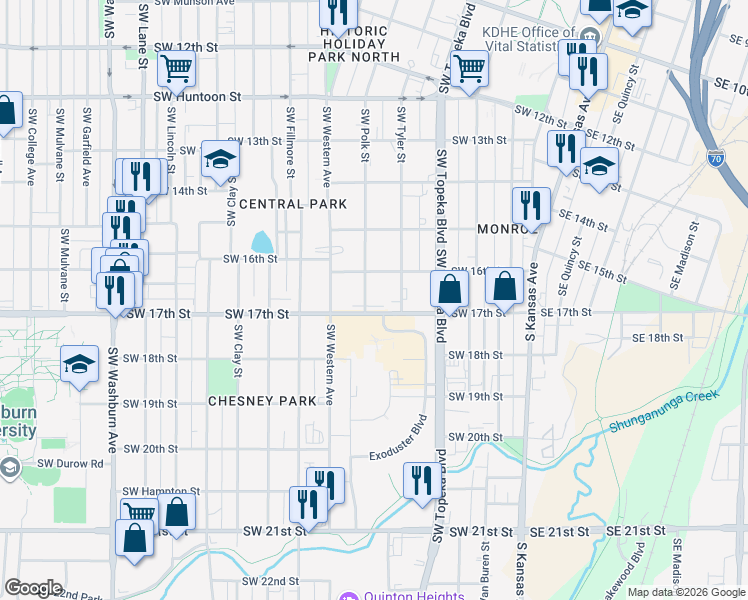 map of restaurants, bars, coffee shops, grocery stores, and more near 1619 Southwest Tyler Street in Topeka