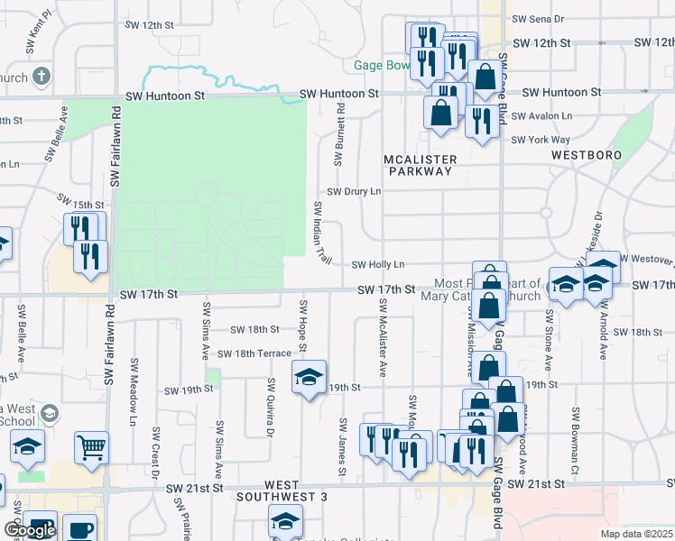 map of restaurants, bars, coffee shops, grocery stores, and more near 1641 Southwest Indian Trail in Topeka