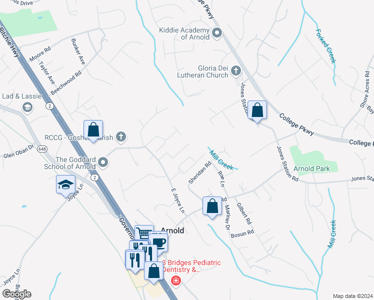 map of restaurants, bars, coffee shops, grocery stores, and more near 107 Green Valley Road in Arnold