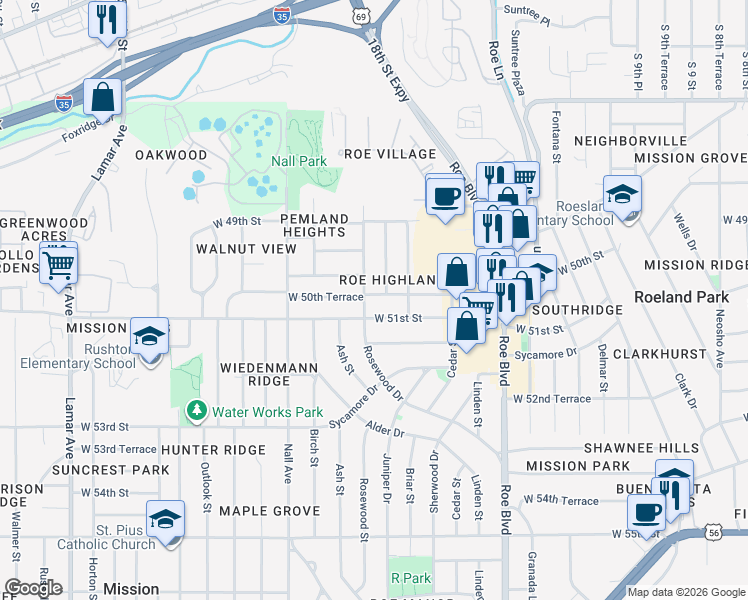 map of restaurants, bars, coffee shops, grocery stores, and more near 5121 West 50th Terrace in Roeland Park