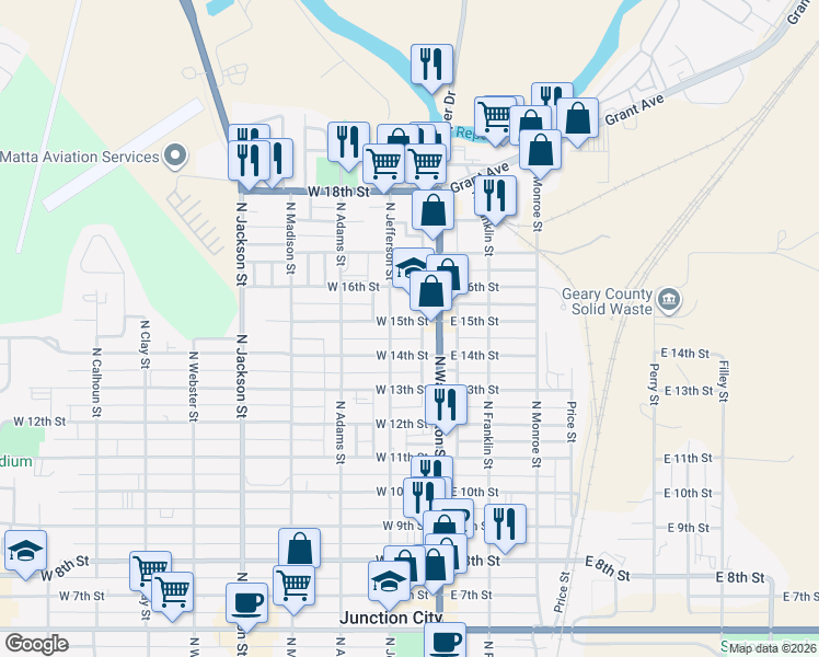 map of restaurants, bars, coffee shops, grocery stores, and more near 135 West 15th Street in Junction City