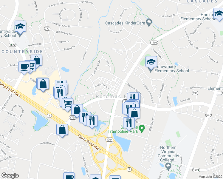 map of restaurants, bars, coffee shops, grocery stores, and more near 46206 Wales Terrace in Sterling