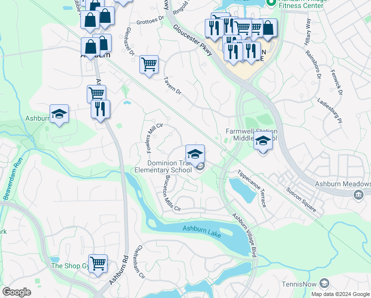 map of restaurants, bars, coffee shops, grocery stores, and more near 44001 Bruceton Mills Circle in Ashburn