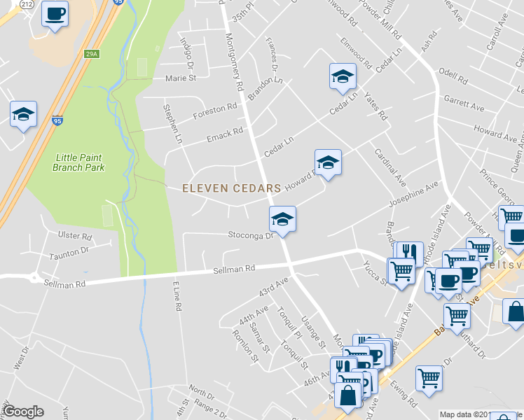 map of restaurants, bars, coffee shops, grocery stores, and more near 11034 Montgomery Road in Beltsville