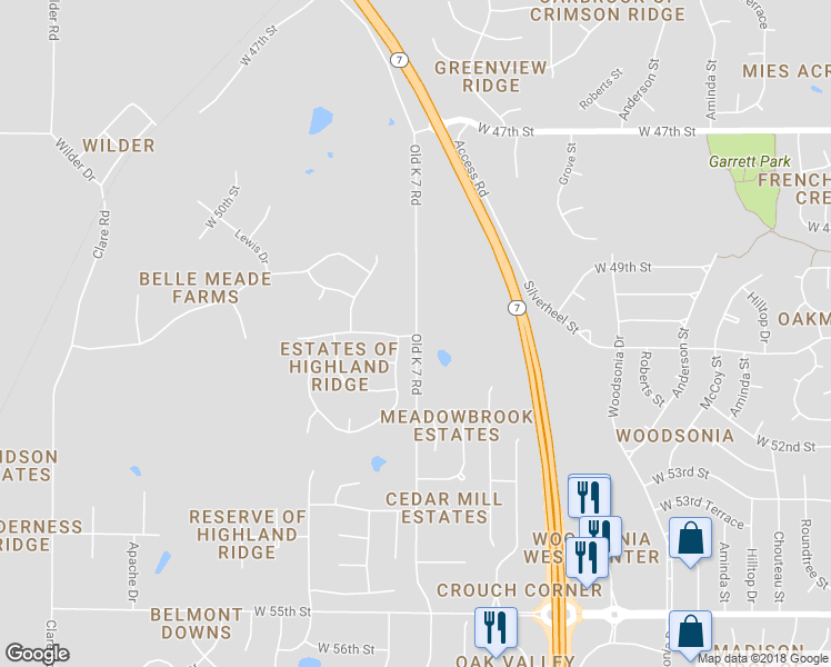 map of restaurants, bars, coffee shops, grocery stores, and more near 5030 Old K 7 Road in Shawnee