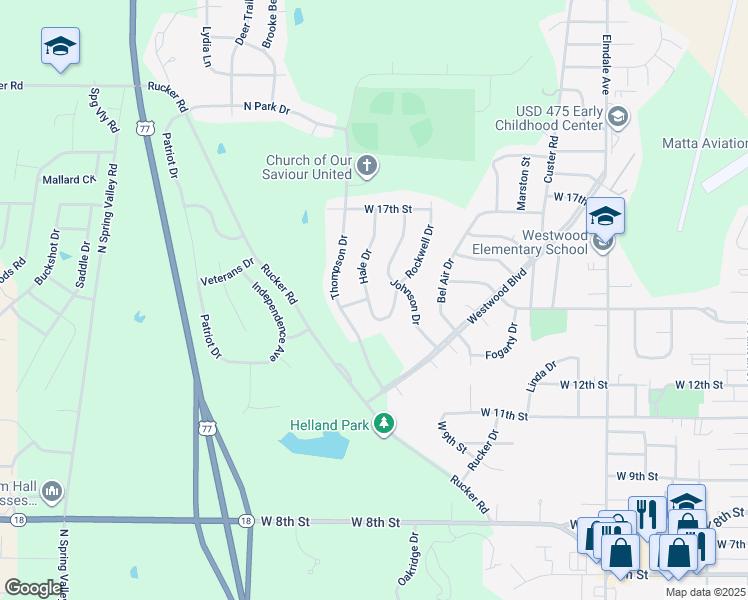 map of restaurants, bars, coffee shops, grocery stores, and more near 1309 Hale Drive in Junction City