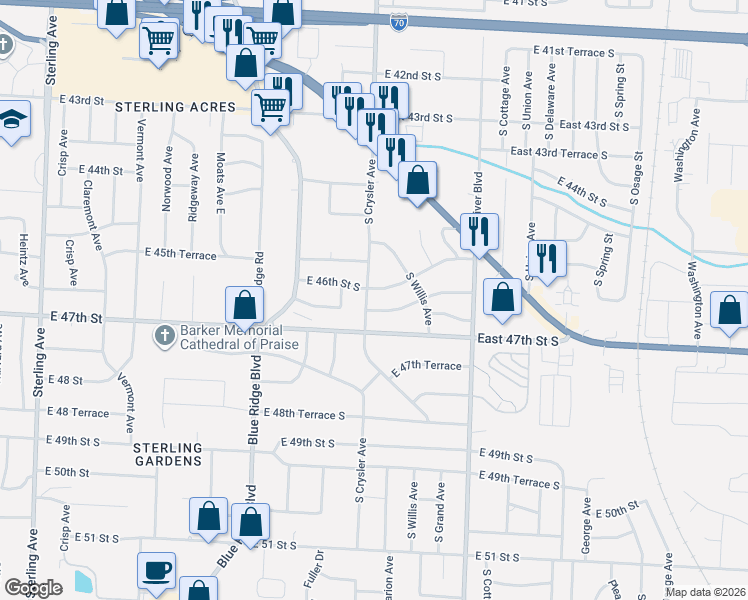 map of restaurants, bars, coffee shops, grocery stores, and more near 4603 S Crysler Ave in Independence
