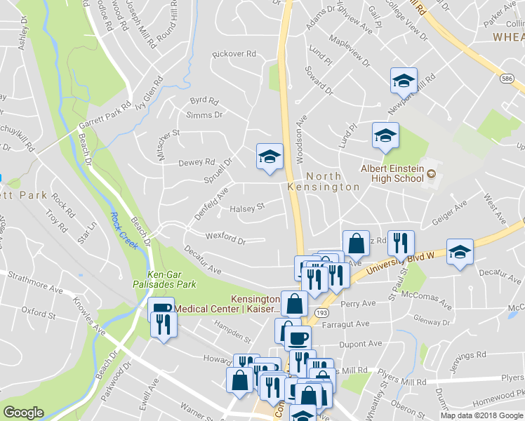map of restaurants, bars, coffee shops, grocery stores, and more near 3914 Halsey Street in Kensington