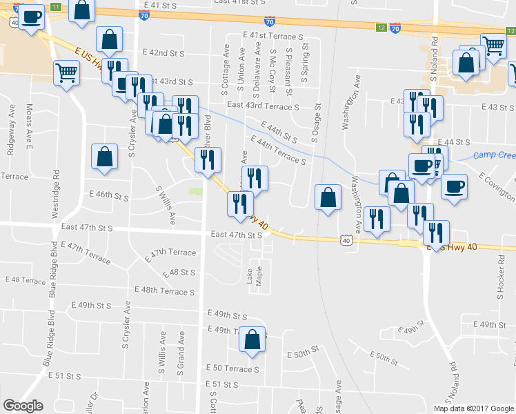 map of restaurants, bars, coffee shops, grocery stores, and more near 13002 U.S. 40 in Independence