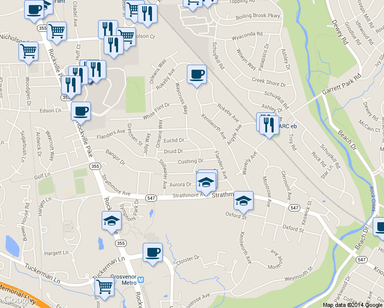 map of restaurants, bars, coffee shops, grocery stores, and more near 5004 Druid Drive in Kensington