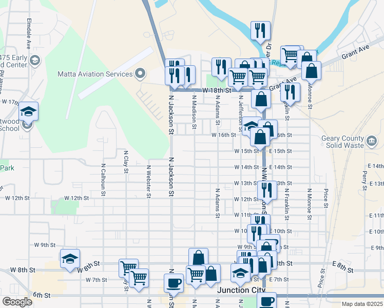 map of restaurants, bars, coffee shops, grocery stores, and more near 1418 North Madison Street in Junction City