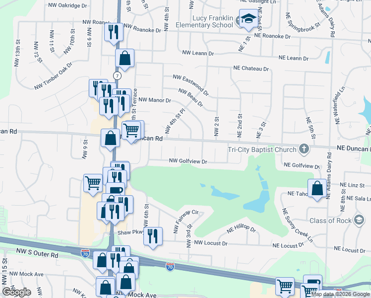 map of restaurants, bars, coffee shops, grocery stores, and more near 1704 Northwest Walnut Circle in Blue Springs