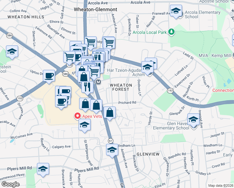 map of restaurants, bars, coffee shops, grocery stores, and more near 11008 Burnley Terrace in Silver Spring