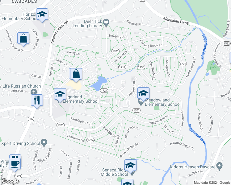 map of restaurants, bars, coffee shops, grocery stores, and more near 236 North Cottage Road in Sterling