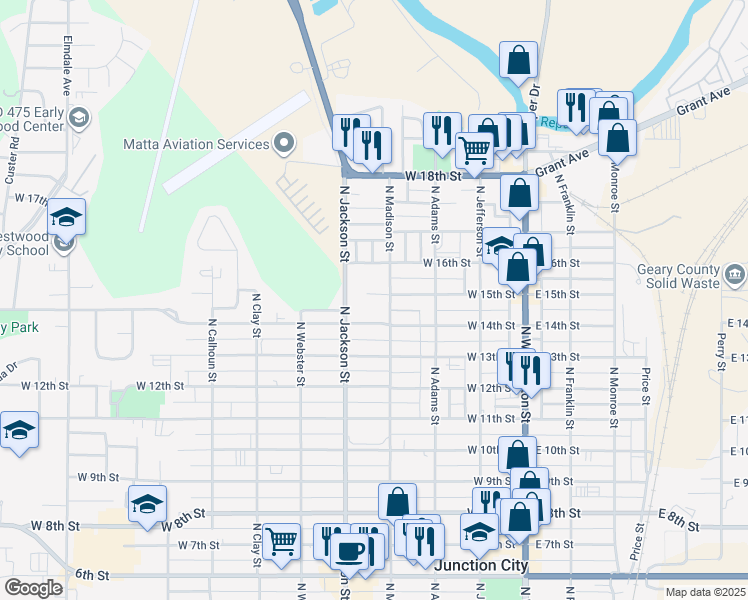 map of restaurants, bars, coffee shops, grocery stores, and more near 1418 North Madison Street in Junction City