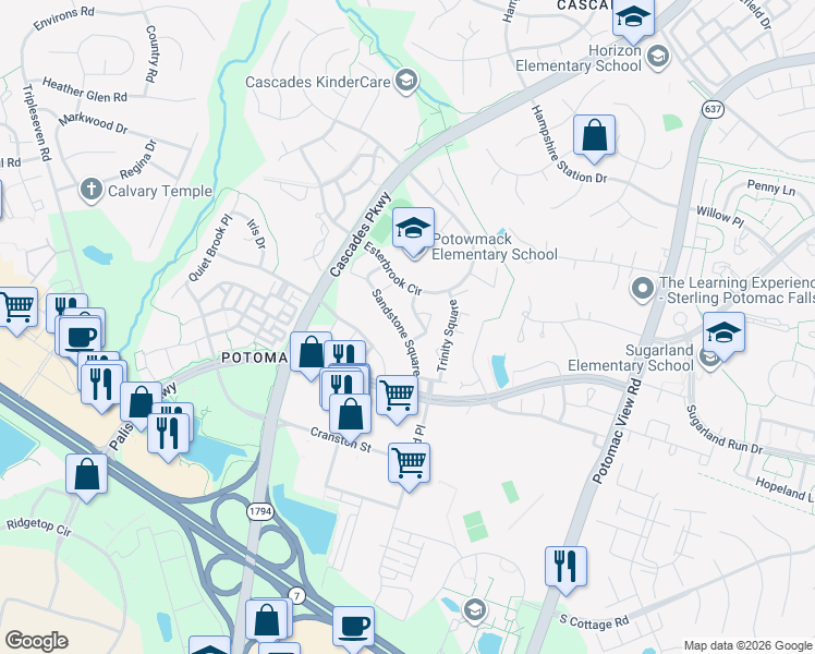 map of restaurants, bars, coffee shops, grocery stores, and more near 20900 Sandstone Square in Sterling