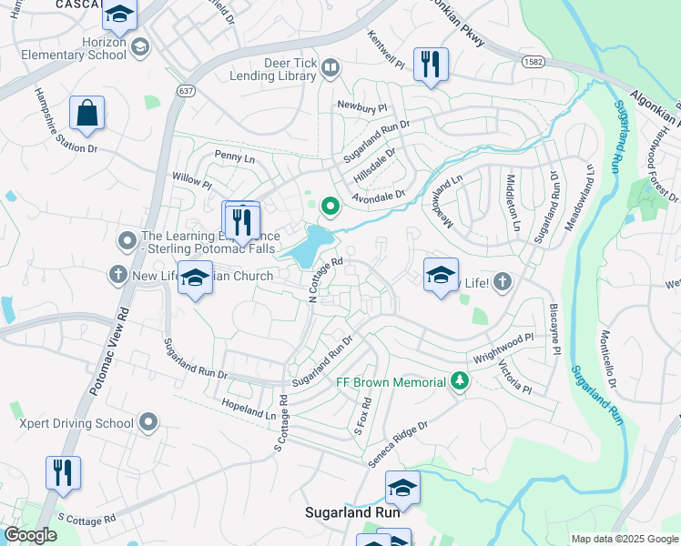 map of restaurants, bars, coffee shops, grocery stores, and more near 204 North Cottage Road in Sterling