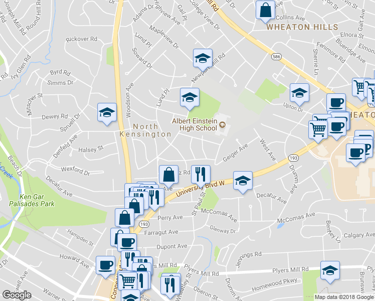 map of restaurants, bars, coffee shops, grocery stores, and more near 11008 Glueck Lane in Kensington