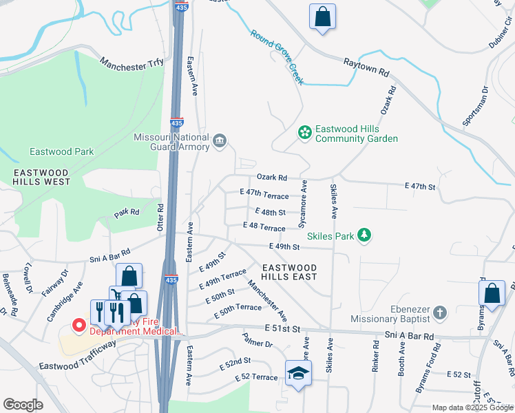map of restaurants, bars, coffee shops, grocery stores, and more near 7704 East 48th Street in Kansas City