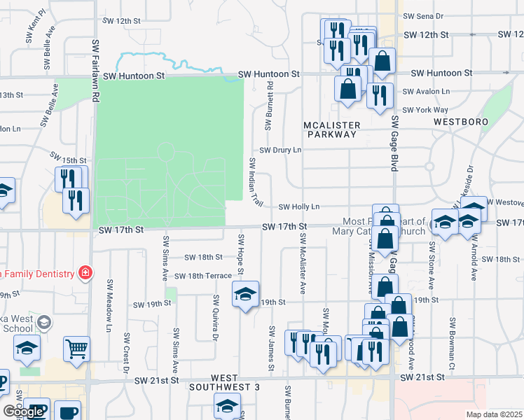 map of restaurants, bars, coffee shops, grocery stores, and more near 1641 Southwest Indian Trail in Topeka