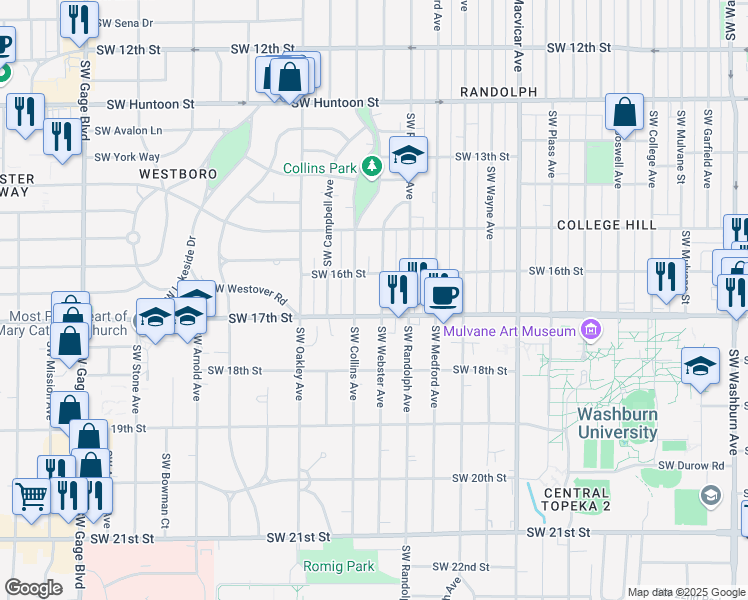 map of restaurants, bars, coffee shops, grocery stores, and more near 1625 Southwest Webster Avenue in Topeka