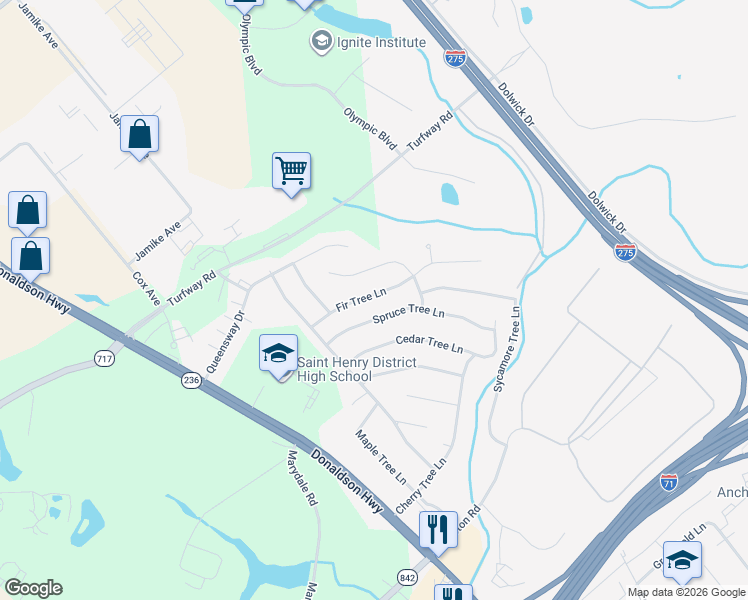 map of restaurants, bars, coffee shops, grocery stores, and more near 3377 Fir Tree Lane in Erlanger