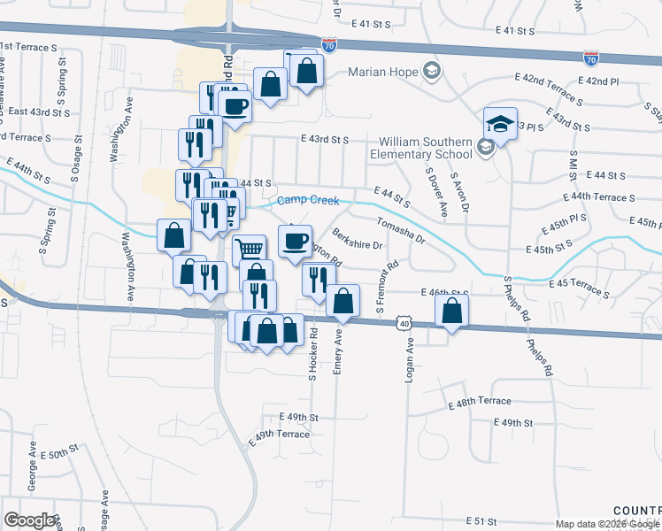 map of restaurants, bars, coffee shops, grocery stores, and more near 14413 East Covington Road in Independence