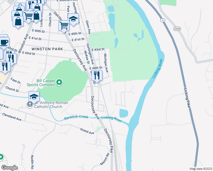 map of restaurants, bars, coffee shops, grocery stores, and more near 415 East 45th Street in Covington