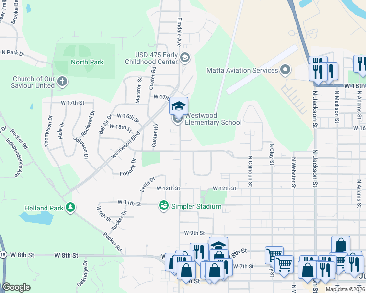 map of restaurants, bars, coffee shops, grocery stores, and more near 1405 North Eisenhower Drive in Junction City