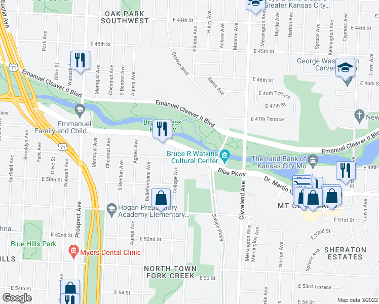 map of restaurants, bars, coffee shops, grocery stores, and more near 4257 Swope Parkway in Kansas City