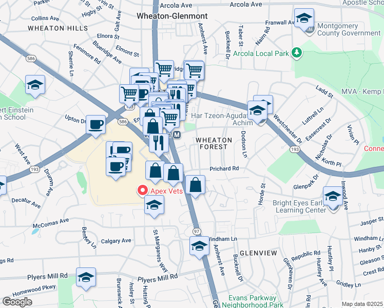 map of restaurants, bars, coffee shops, grocery stores, and more near 2344 Cobble Hill Terrace in Wheaton-Glenmont