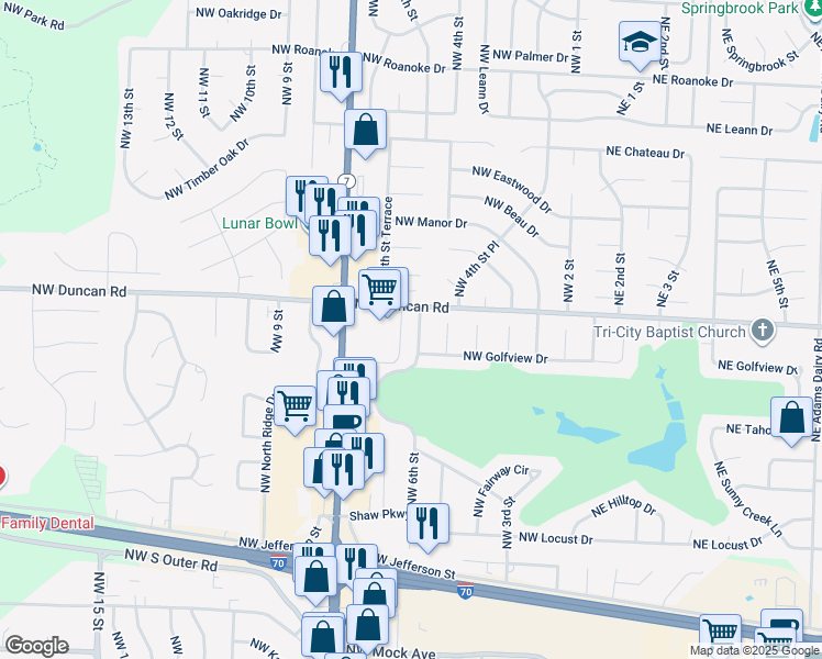 map of restaurants, bars, coffee shops, grocery stores, and more near 1717 Northwest 6th Street in Blue Springs