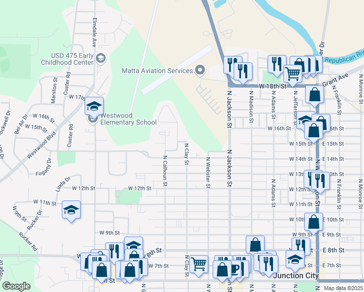 map of restaurants, bars, coffee shops, grocery stores, and more near 1514 North Clay Street in Junction City