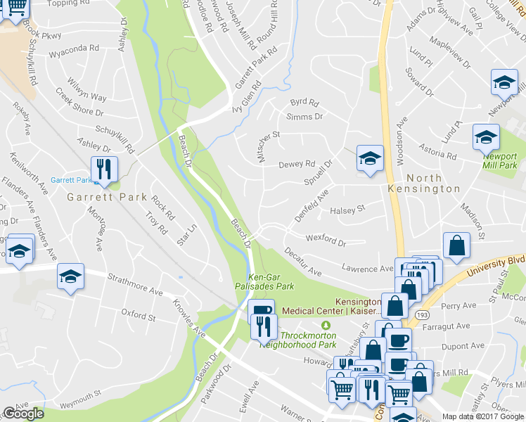 map of restaurants, bars, coffee shops, grocery stores, and more near 4122 Mitscher Court in Kensington