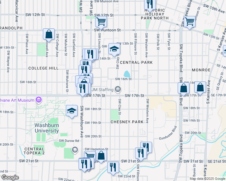 map of restaurants, bars, coffee shops, grocery stores, and more near 1634 Southwest Buchanan Street in Topeka