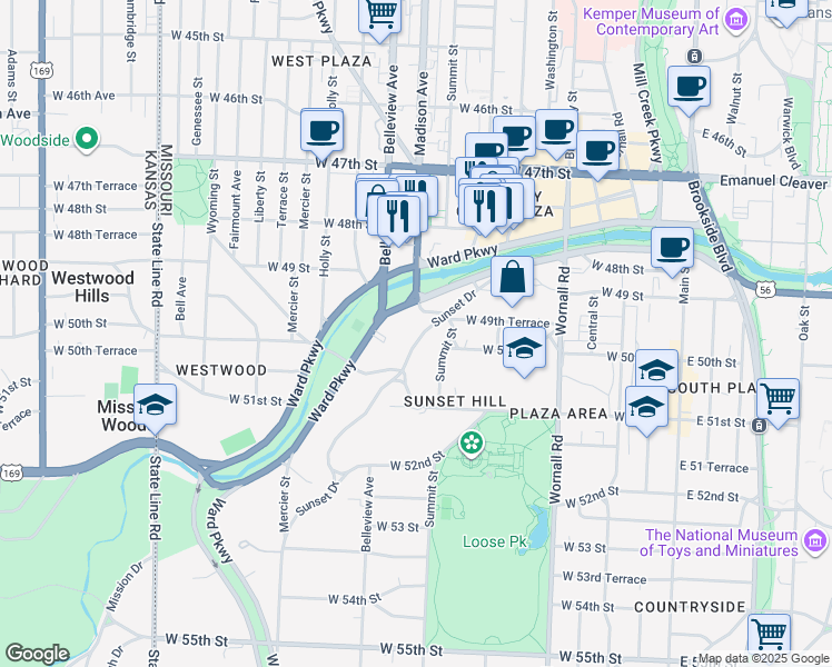 map of restaurants, bars, coffee shops, grocery stores, and more near 5012 Sunset Drive in Kansas City
