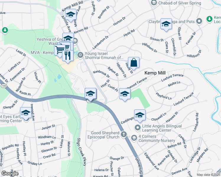 map of restaurants, bars, coffee shops, grocery stores, and more near 11100 Conti Place in Silver Spring