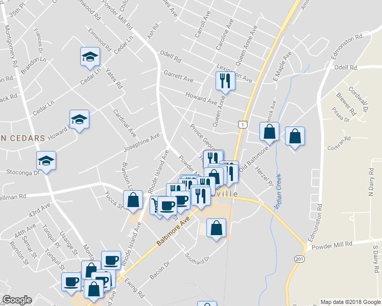 map of restaurants, bars, coffee shops, grocery stores, and more near 4915 Harford Avenue in Beltsville