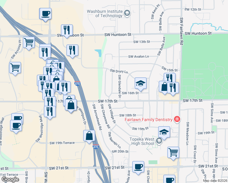 map of restaurants, bars, coffee shops, grocery stores, and more near 1588 Southwest Village Drive in Topeka