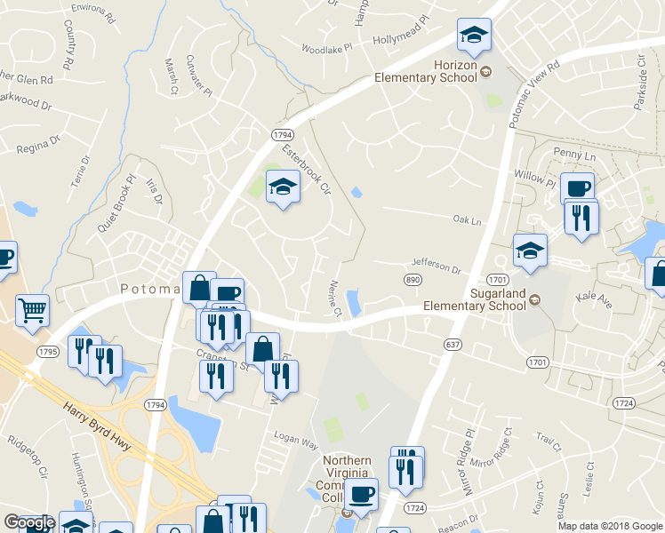map of restaurants, bars, coffee shops, grocery stores, and more near 20897 Nerine Court in Sterling