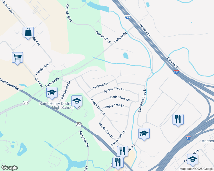 map of restaurants, bars, coffee shops, grocery stores, and more near 3377 Fir Tree Lane in Erlanger