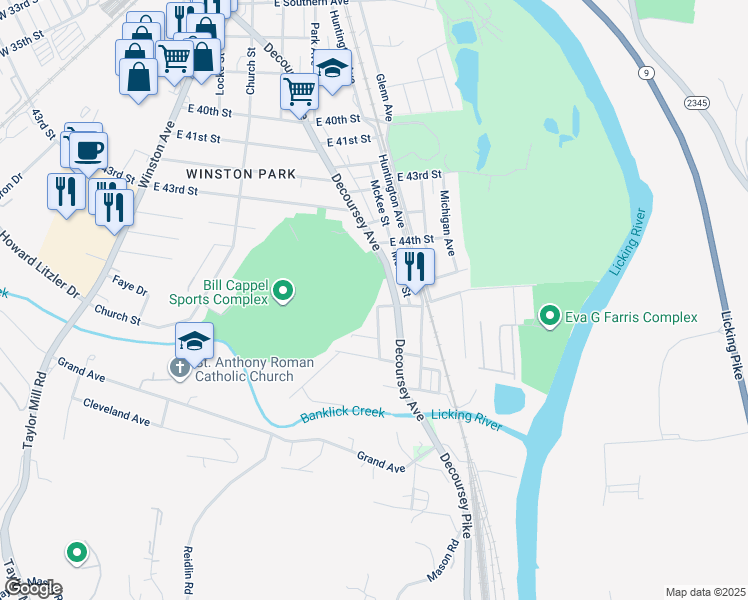 map of restaurants, bars, coffee shops, grocery stores, and more near 228 East 45th Street in Covington
