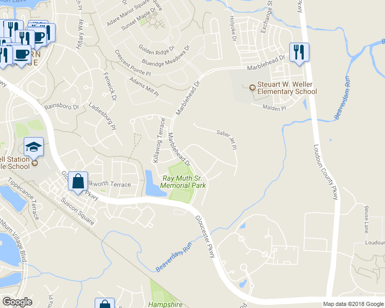 map of restaurants, bars, coffee shops, grocery stores, and more near 20914 Rocky Knoll Square in Ashburn