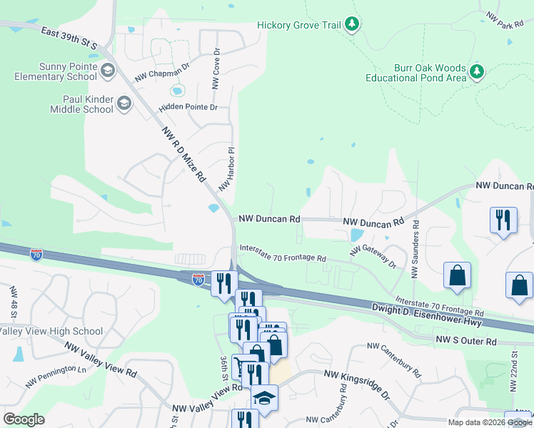 map of restaurants, bars, coffee shops, grocery stores, and more near 3403 Northwest Duncan Road in Blue Springs