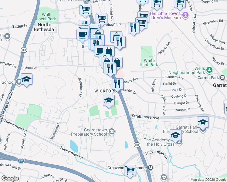 map of restaurants, bars, coffee shops, grocery stores, and more near 10943 Wickshire Way in North Bethesda